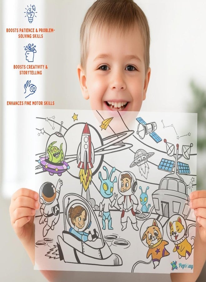 PepPlay Recolourables Doodle Mats - Space Saga, 2 Coloring mats, 6 Quick-Dry, Smudge-Free Markers, Mess-Free, Travel Art Kit for Kids Ages 3, 4, 5, 6, 7 | Space Theme, Christmas Gift for Boys & Girls - Image 2